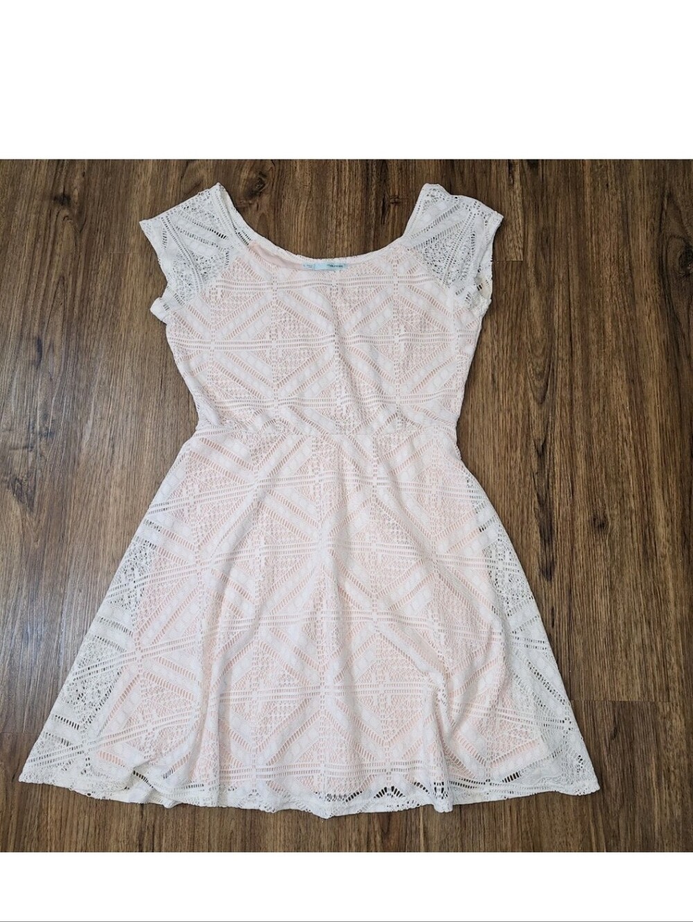 White Lace Skater A-line Fit & Flare Dress Overlay Peach Lined Large CottageCore